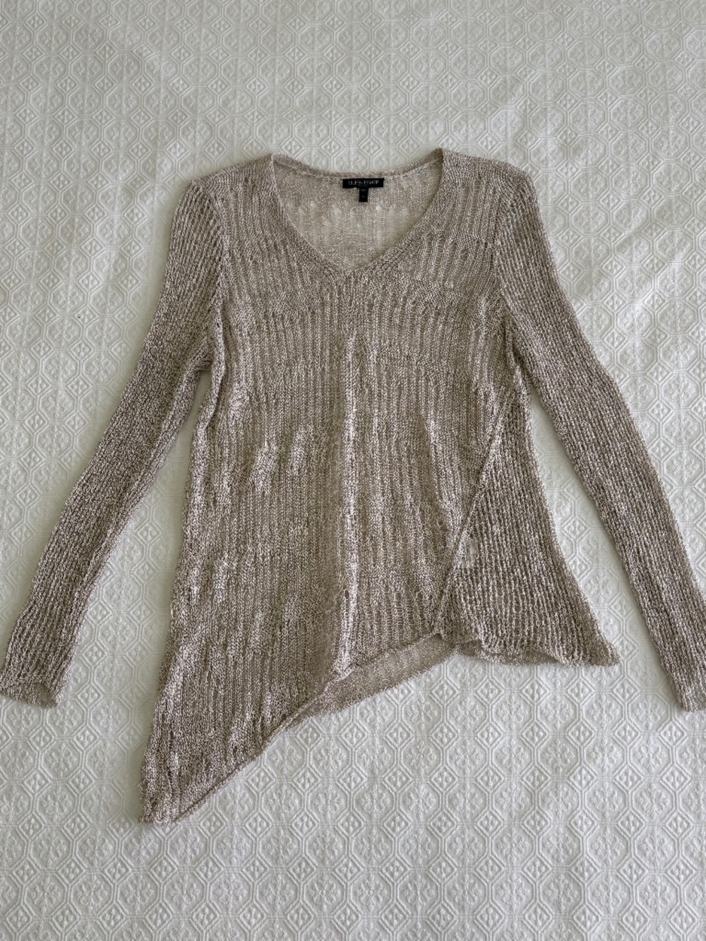 Eileen Fisher Linen Cotton Open Knit Asymmetrical V-Neck Sweater PL Beige